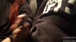 giving this hot teen risky handjob in public street car