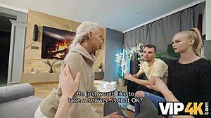 hey, we got this hot blonde in a threesome while her boyfriend just watched cuckolded