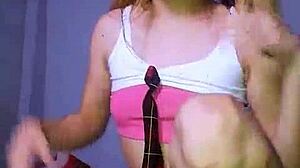 bonneyuwu tiny slut in miniskirt rips clothes masturbates with huge dildo