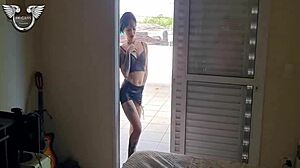 hot curvy neighbor caught spying balcony gets full menage big cock cowgirl spanking!