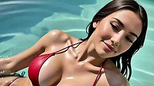 Busty Curvy Brunette Takes Huge Monster Cock Hardcore Anal Creampie Bukkake and Squirting by Swimming Pool in Sexy Outfit