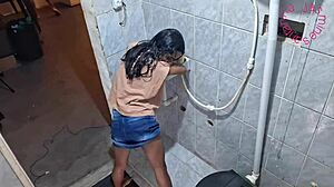 Petite latina sneaks anal pounding in bathroom while friend waits nearby.