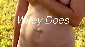Young wife bares her shaved pussy on daring nude stroll