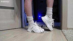 hey, these delicate sneaker-clad legs in shower need your touch now