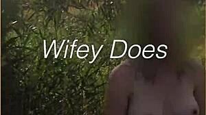 Young wife bares her shaved pussy on daring nude stroll