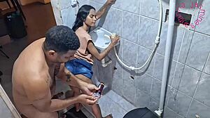 Petite latina sneaks anal pounding in bathroom while friend waits nearby.