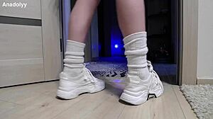hey, these delicate sneaker-clad legs in shower need your touch now
