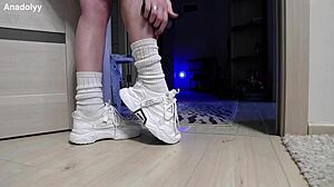 hey, these delicate sneaker-clad legs in shower need your touch now