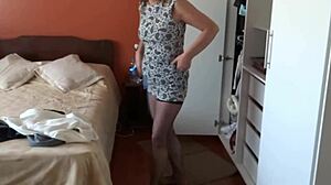 Step mom lifts dress for stepson's quick jerk off release