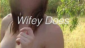 Young wife bares her shaved pussy on daring nude stroll