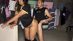 Homemade anal with curvy latina stepmom whore bent over balcony cum on ass