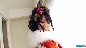 asian geisha babe lifts skirt to flash moist cunt before fingering orgasm
