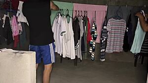 Homemade anal with curvy latina stepmom whore bent over balcony cum on ass