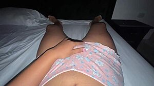 Colombian Latina in pantyhose fingers her huge swollen pussy lips close-up until she squirts