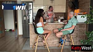 Wife Sucks Old Stranger's Cock Under Desk While Cuckold Husband Cooks Dinner Nearby