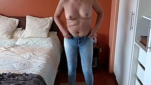 Stepmom Strips Totally Naked Then Slips Into Tight Jeans No Panties Teasing Voyeur