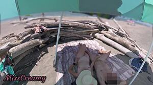 misscreamy's wife strokes huge cock on nude beach, voyeurs watch cumshot