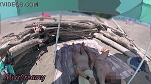 misscreamy's wife strokes huge cock on nude beach, voyeurs watch cumshot