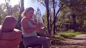 exhibitionist babe seduces curvy milf for outdoor suck fuck facial in park