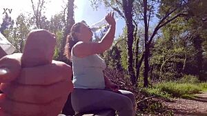 exhibitionist babe seduces curvy milf for outdoor suck fuck facial in park