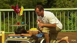 small tits lesbian heats up for friend mid-massage lick session