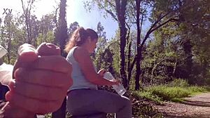 exhibitionist babe seduces curvy milf for outdoor suck fuck facial in park