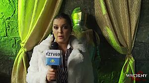 hey busty reporter what's it like bound in this bdsm dungeon sucking monster cock?