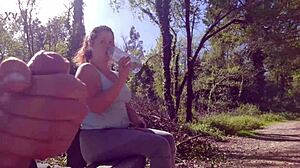 exhibitionist babe seduces curvy milf for outdoor suck fuck facial in park