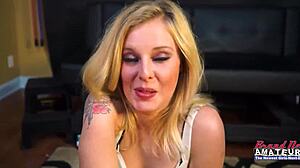 Skinny Inked Blonde Jerks Cock Before Bent Over Pussy Domination And Facial