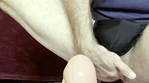 huge 13.5 inch girth anal toy stretches solo guy's gaping ass