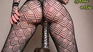 pawg in sexy black tights rides huge dildo up close