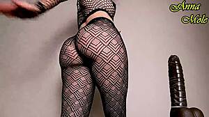 pawg in sexy black tights rides huge dildo up close