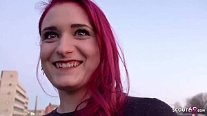 German redhead student Melina outdoor casting fucked for cash huge cock facial stockings