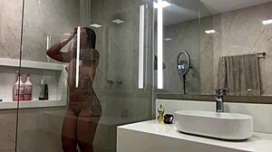 shower surprise leads to bent-over creampie for tattooed ebony babe