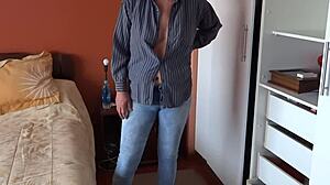 Real hidden cam catches sexy stepmom groping her big tits and wet pussy alone