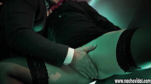 Strip club slut sucks bat, fingers pussy, massive cock feed!