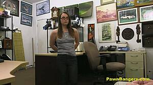 uhh nerdy brunette teen with glasses spies backstage sucks monster cock fucks desk for cash pov