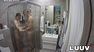 kareflore and abbadon flash natural tits in homemade shower exhibition for luuv couple reality fans
