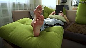 Amateur girl slowly teases her wrinkled socks and bare feet up close