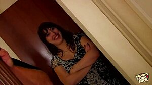 super sexy french brunette strips keeps stockings on for hard ass railing ride