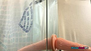 Curious blonde russian teases with deep dildo sucking