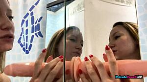 Curious blonde russian teases with deep dildo sucking