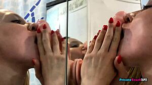 Curious blonde russian teases with deep dildo sucking