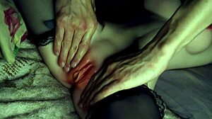 petite oiled babe fingers gaping pussy with toys on bed close up