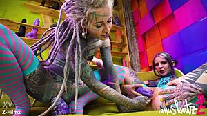 These tattooed lesbians gape asses with huge toys atm to real orgasms?