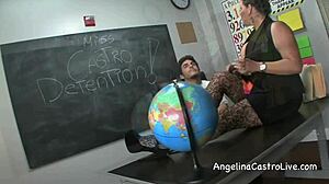 busty angelina castro milf gives footjob bj in threeway classroom fun
