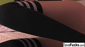 Watch this skinny brunette pornstar babe spread her black knee high stockings ass pussy tits solo masturbation up close nude