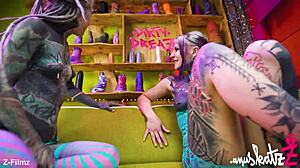 These tattooed lesbians gape asses with huge toys atm to real orgasms?
