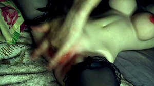 petite oiled babe fingers gaping pussy with toys on bed close up