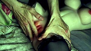 petite oiled babe fingers gaping pussy with toys on bed close up